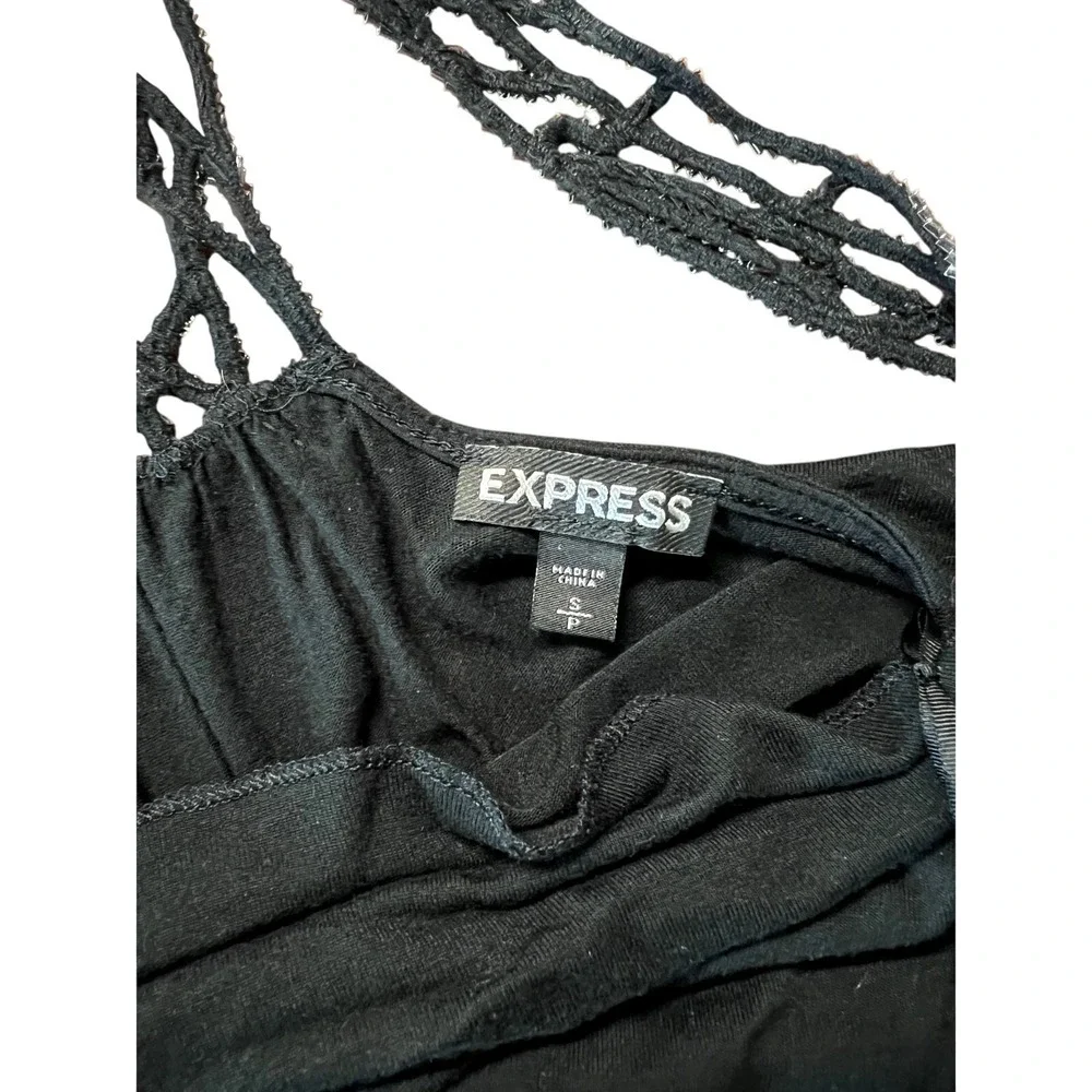 Express Black Beaded Macrame Racerback Tank Top Womens Small Silver Embellished - Picture 4 of 4